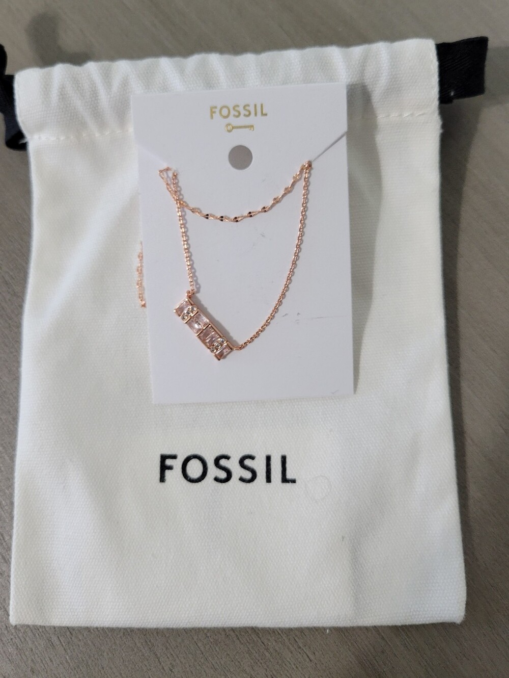 Fossil Rose-Tone Crystal Bar 18" Necklace and Dust Gift Bag NEW - Picture 3 of 5